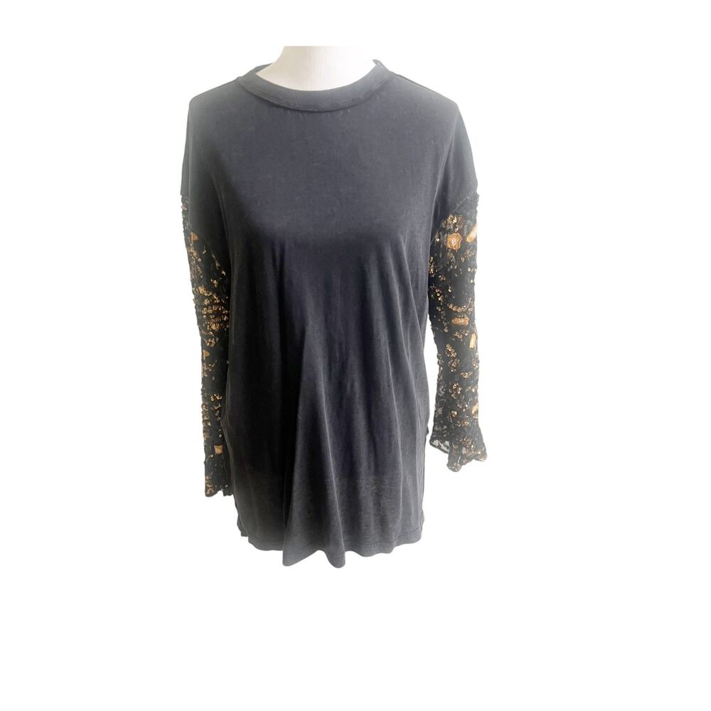 Free People Top Womens Black Gold Squin Embellish Long Sleeve M/L Party Wear